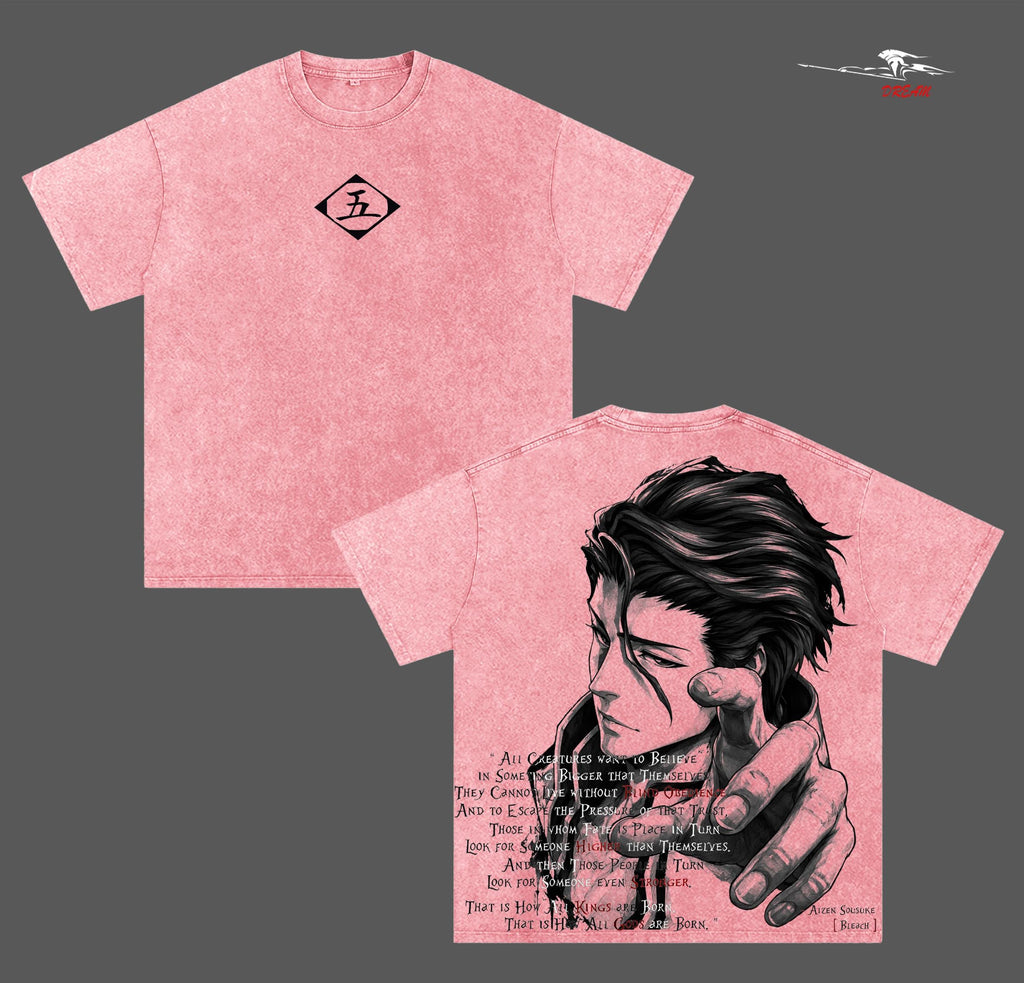 Aizen Sosuke Bleach Anime Double Printed Vintage Washed Tee Unisex Oversize Heavyweight Cotton T-shirt for Anime Fans and Lovers