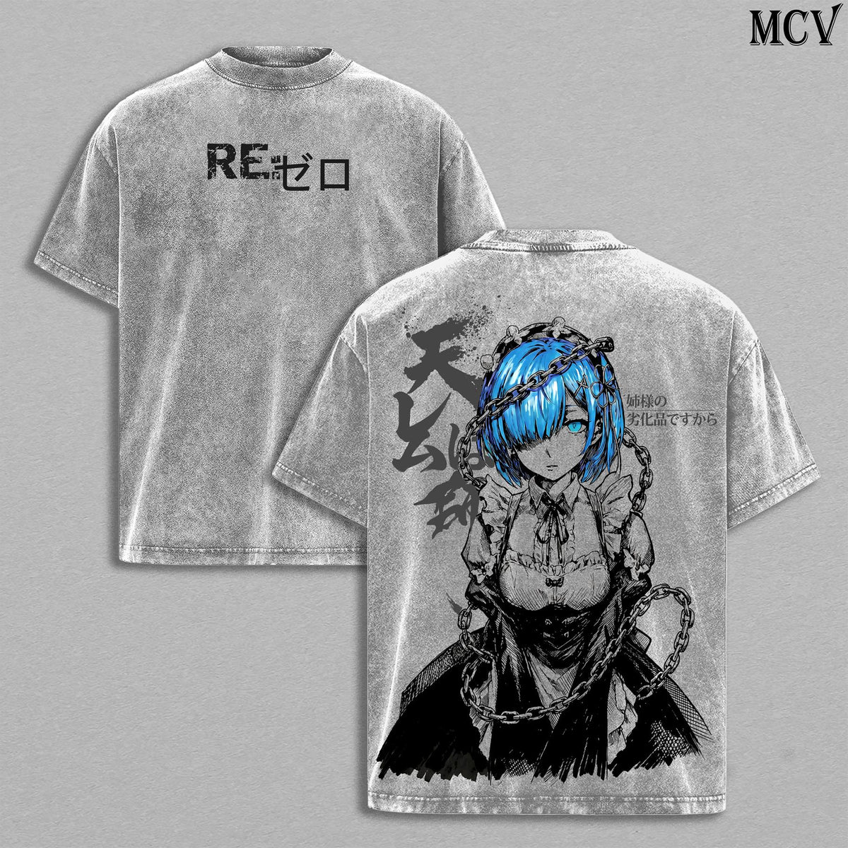 Rem Re:Zero Tee – Rem Vintage Washed T-Shirt | Best Girl | Blue Hair Waifu Anime Manga Graphic Tee | Heavy Cotton Unisex Oversized Streetwear Top