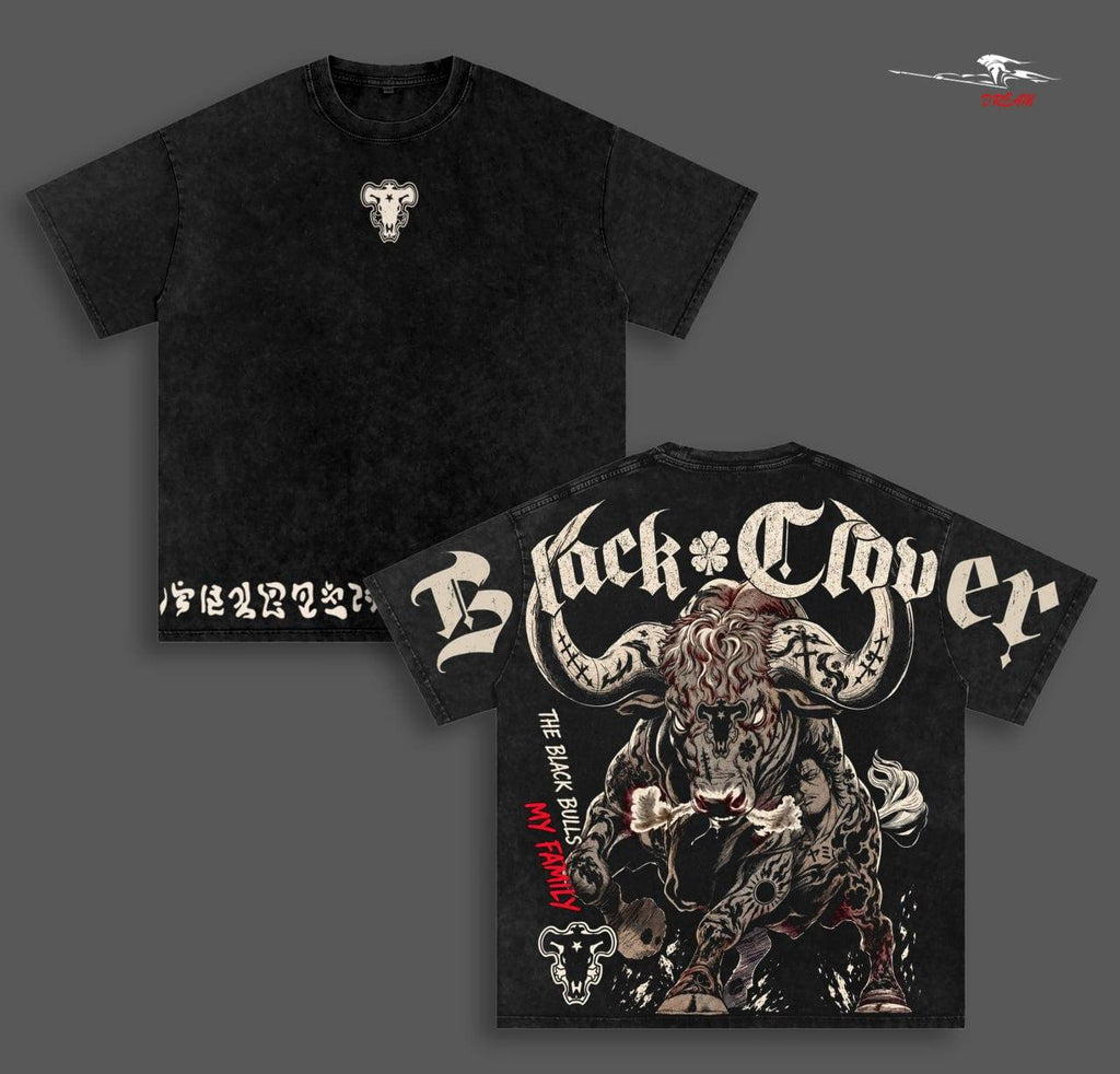Black Clover Black Bulls Anime Double Printed Vintage Washed Tee Unisex Oversize Anime Manga Washed Heavyweight Cotton T-shirt