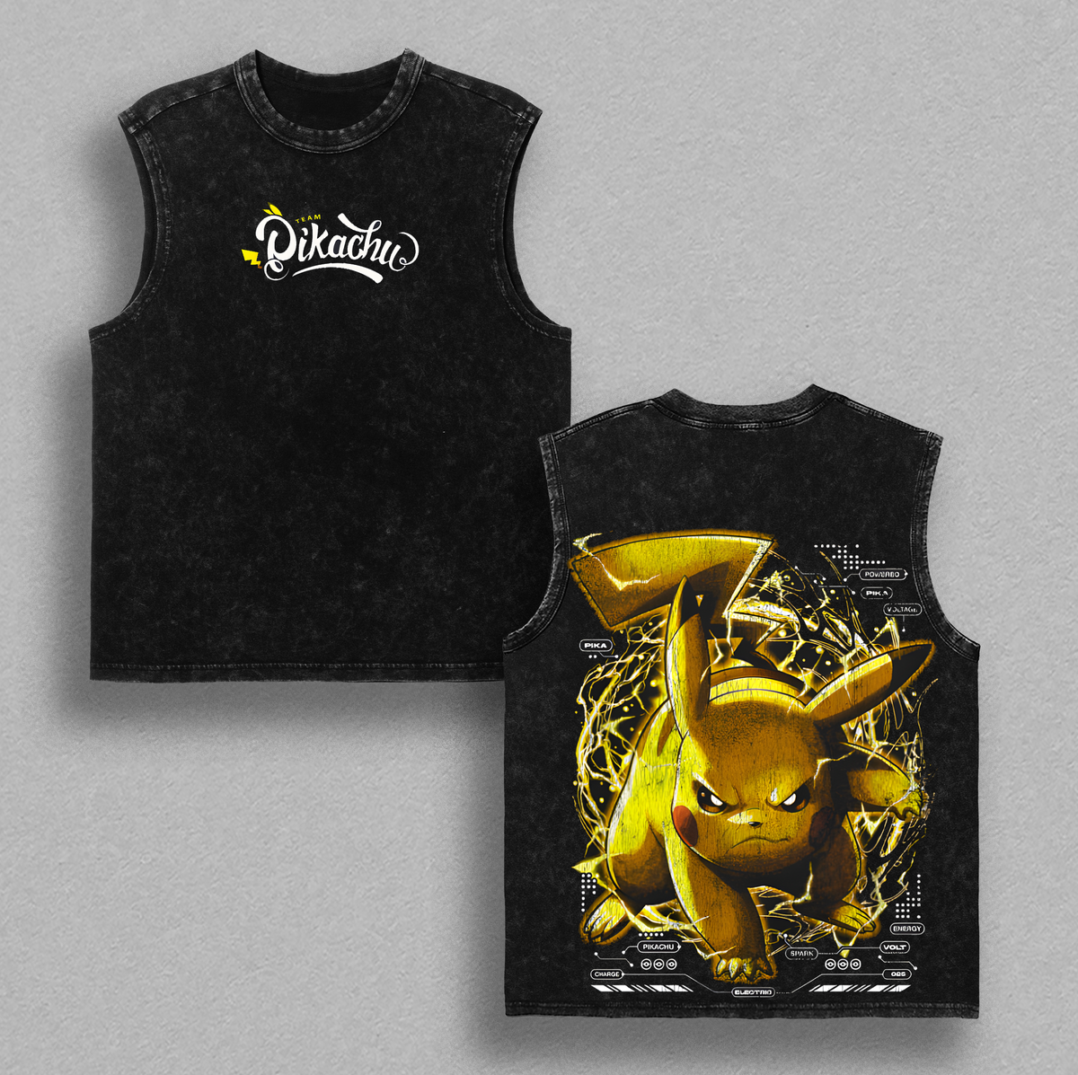 Pikachu - Pokemon Anime Double Printed Vintage Washed Tee Unisex Oversize Heavyweight Cotton T-shirt for Pokemon Fans