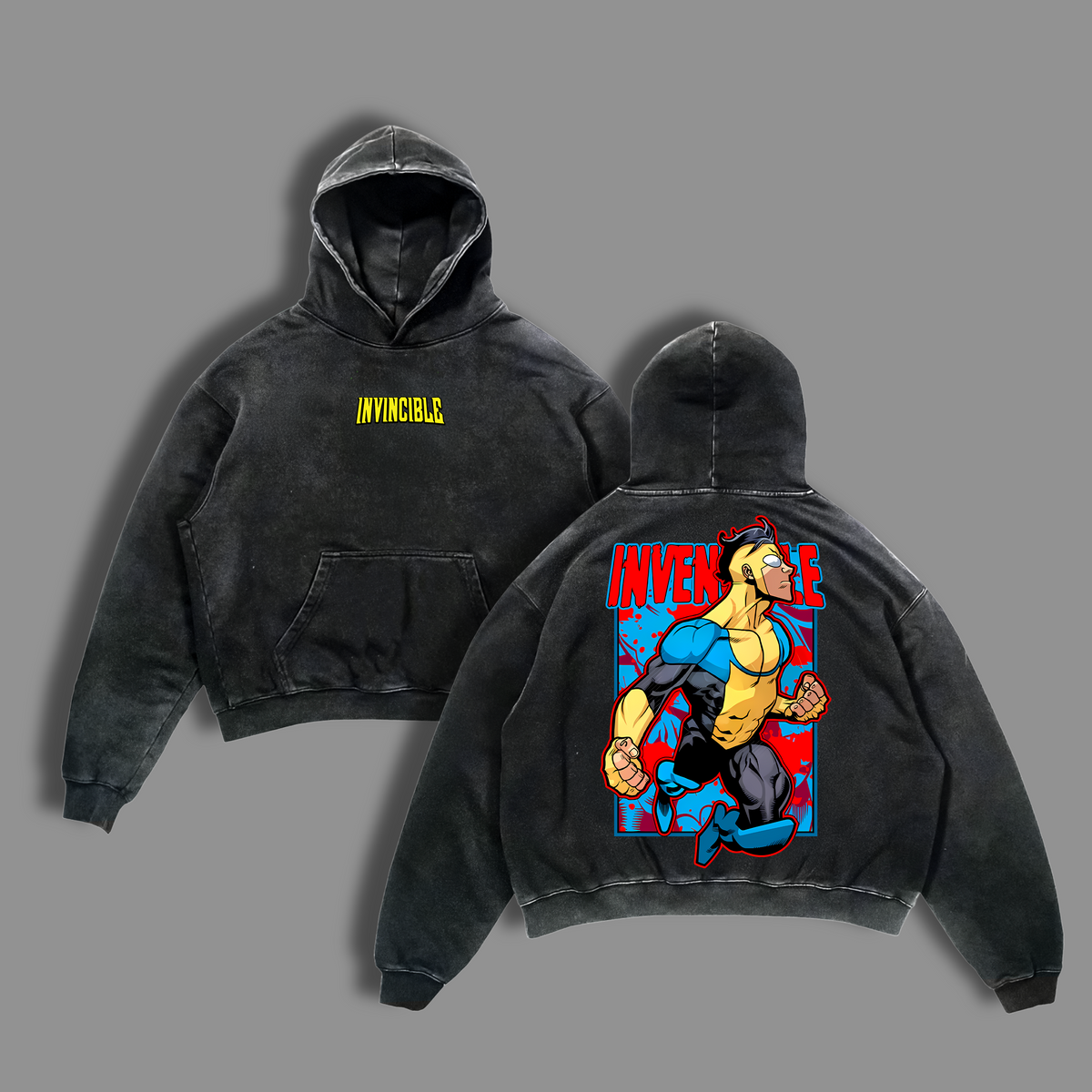 Invincible Hero Punch Tee - Oversized T-Shirt Washed, Lightweight Acid Wash Look, TV Series Graphic, Streetwear for Comic Fans
