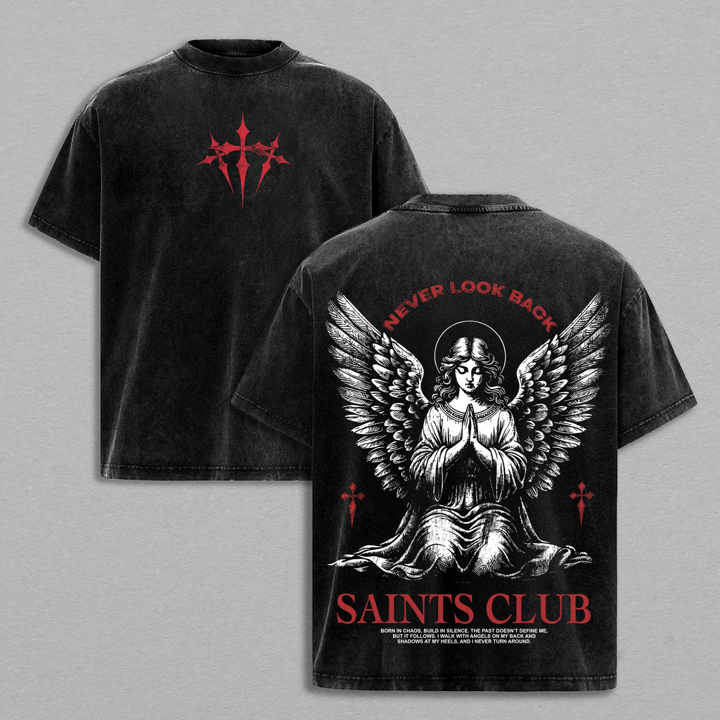 Saints Club Angel Never Look Back Christian Vintage Washed Tee