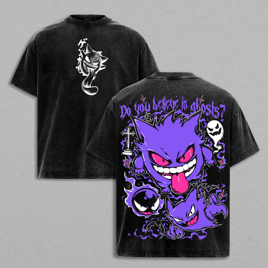 Gengar - Pokemon Anime Double Printed Vintage Washed Tee Unisex Oversize Heavyweight Cotton T-shirt for Anime Fans and Lovers