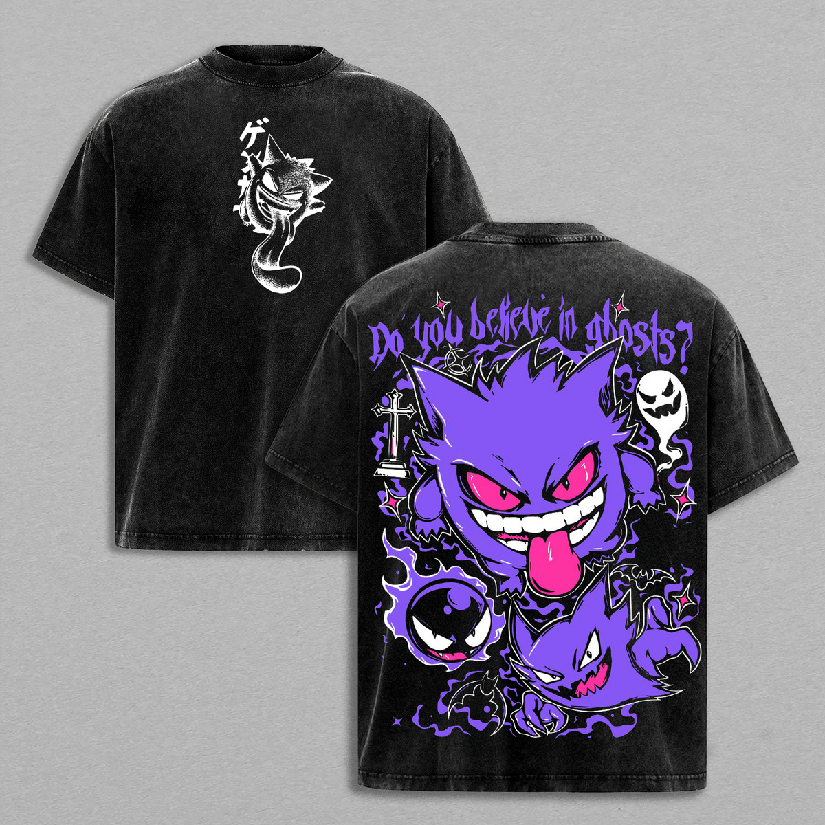 Gengar - Pokemon Anime Double Printed Vintage Washed Tee Unisex Oversize Heavyweight Cotton T-shirt for Anime Fans and Lovers