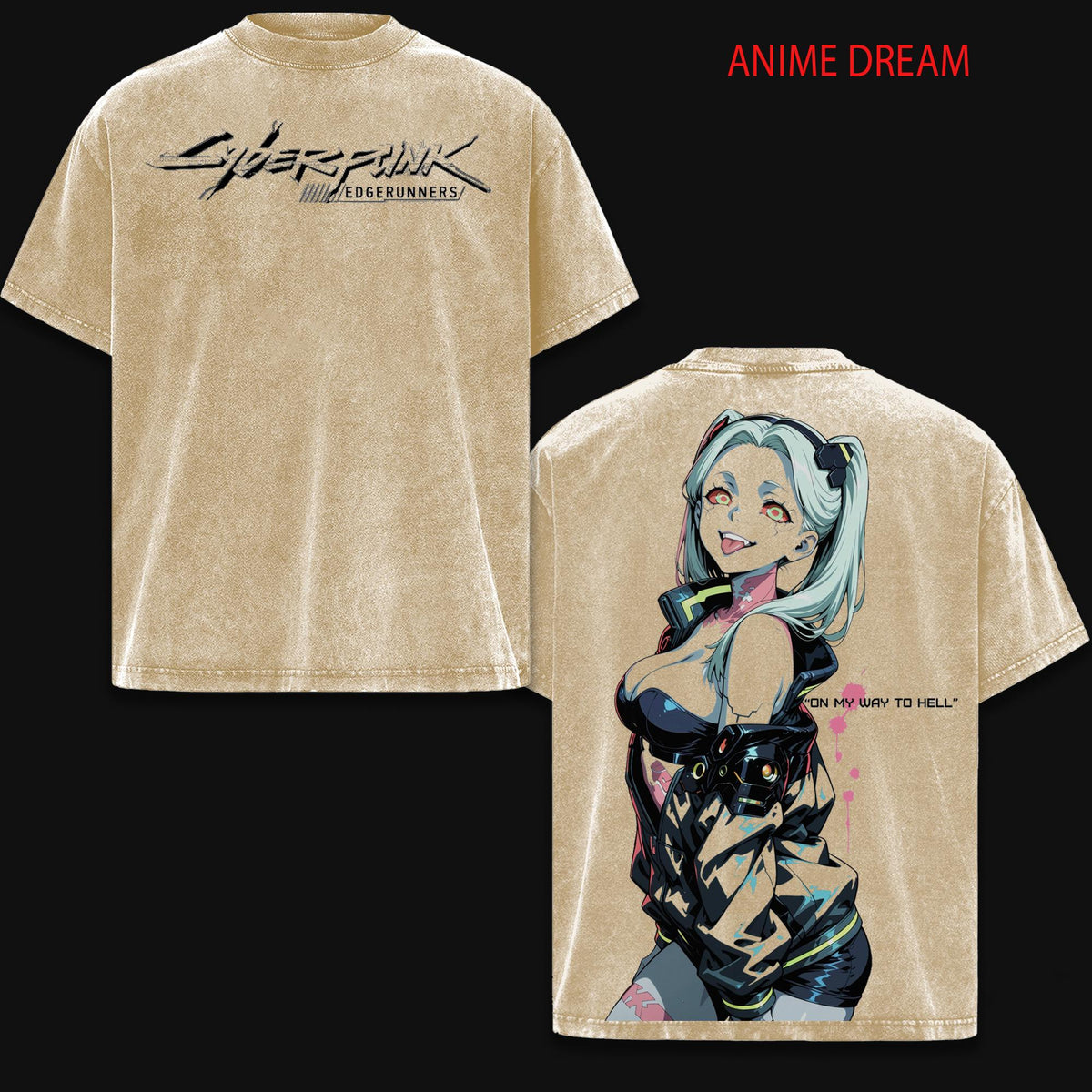 Rebecca Cyberpunk Edgerunners Anime Double Printed Vintage Washed Tee Unisex Oversize Anime Manga Washed Heavyweight Cotton T-shirt