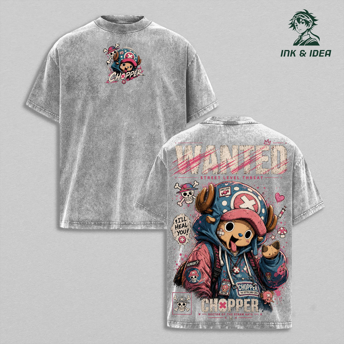 Chopper Double Printed Vintage Washed Tee, Doctor Pirate Graphic Shirt, Oversized Heavyweight Cotton Anime Streetwear for Manga Fans