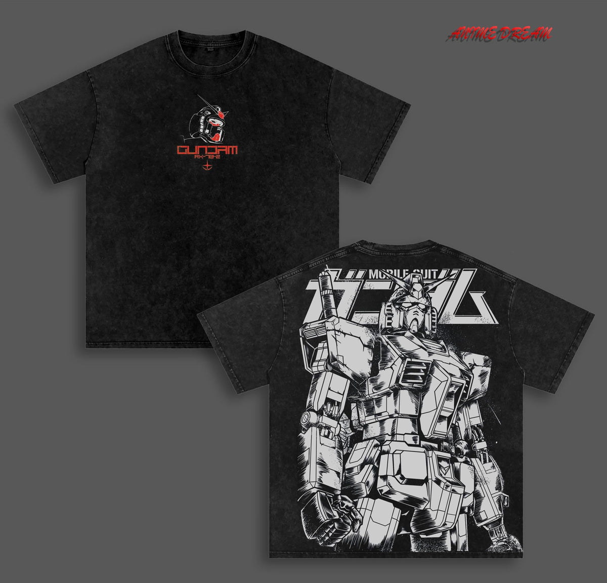 RX-78-2 Gundam Mobile Suit Anime Double Printed Vintage Washed Tee Unisex Oversize Heavyweight Cotton T-shirt for Anime Fans and Lovers