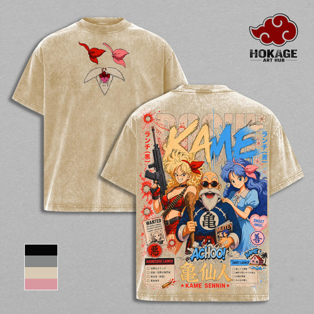 Launchh Master Roshi DBZ Kame Sennin Vintage Washed T-Shirt | Classic Anime Graphic Tee | Kame House Streetwear Oversized Shirt