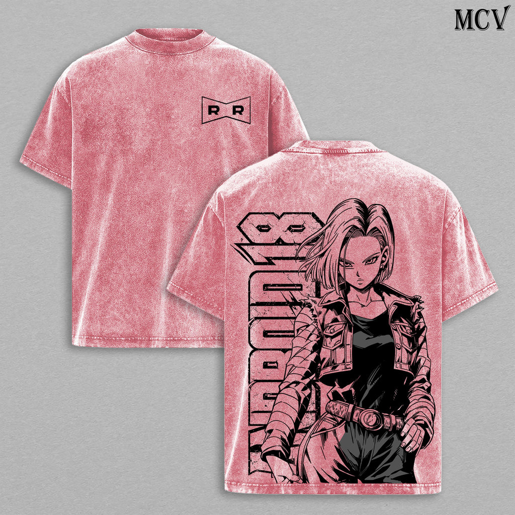 Android 18 DBZ Shirt Vintage Washed Tee | DBZ Anime Streetwear Graphic T-Shirt | Manga Oversized Shirt for Men Women