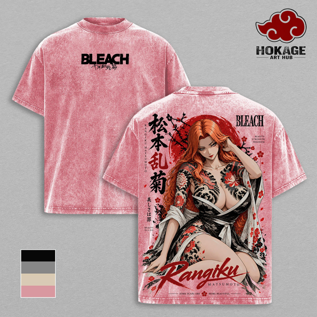 Rangiku Bleach T-Shirt, Rangiku Matsumoto Anime Graphic Tee, Japanese Irezumi Tattoo Art, Vintage Washed Heavy Cotton Unisex Oversized Streetwear Top