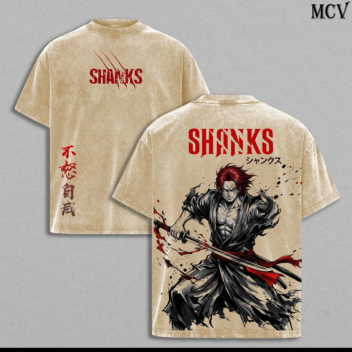 Shankss Washed Tee – Op Anime Graphic Double Printed T-Shirt, Menswear Heavy Cotton Unisex Oversize Vintage Streetwear