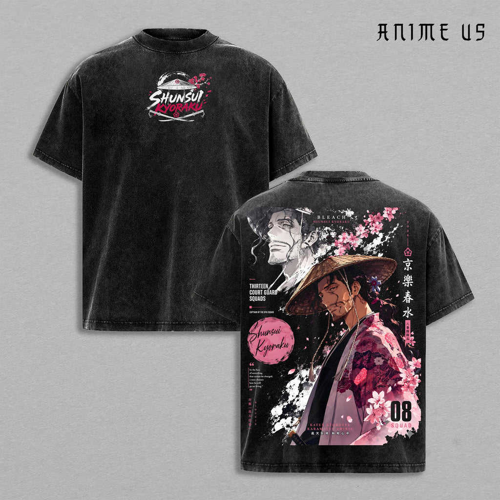 Shunsui Kyoraku Thousand-Year Blood War Bleach Anime Shirt Captain Commander Vintage Washed Oversized Graphic Tee Soul Reaper Squad 8