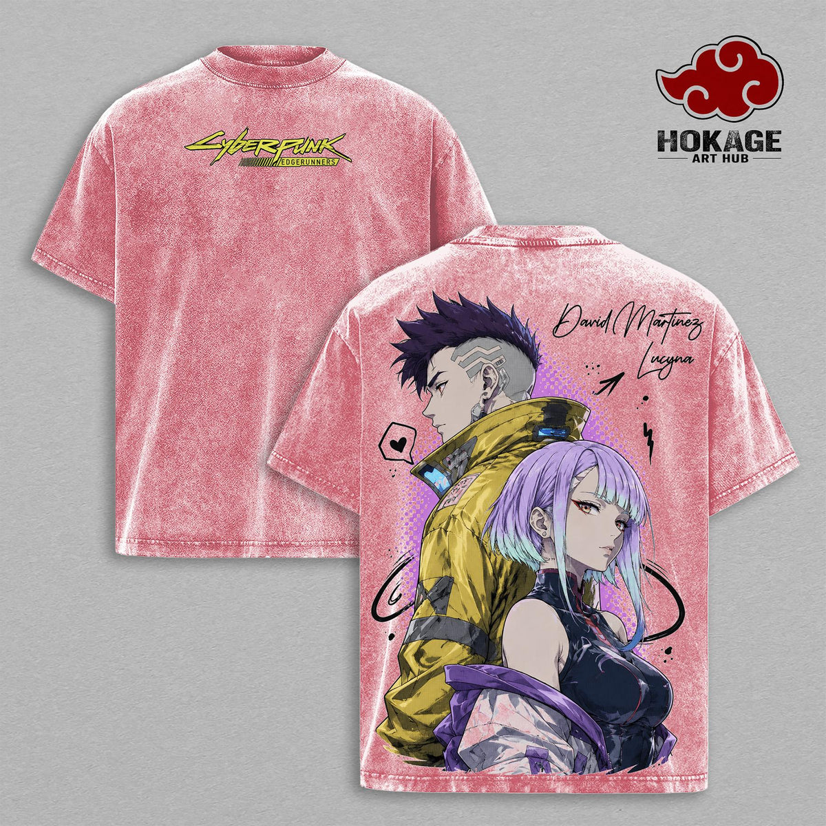 David & Lucy - Cyberpunk Edgerunners Double Printed Graphic Tee, Vintage Washed Streetwear For Men, Heavy Cotton Oversized Shirt, Gift For Anime Fans
