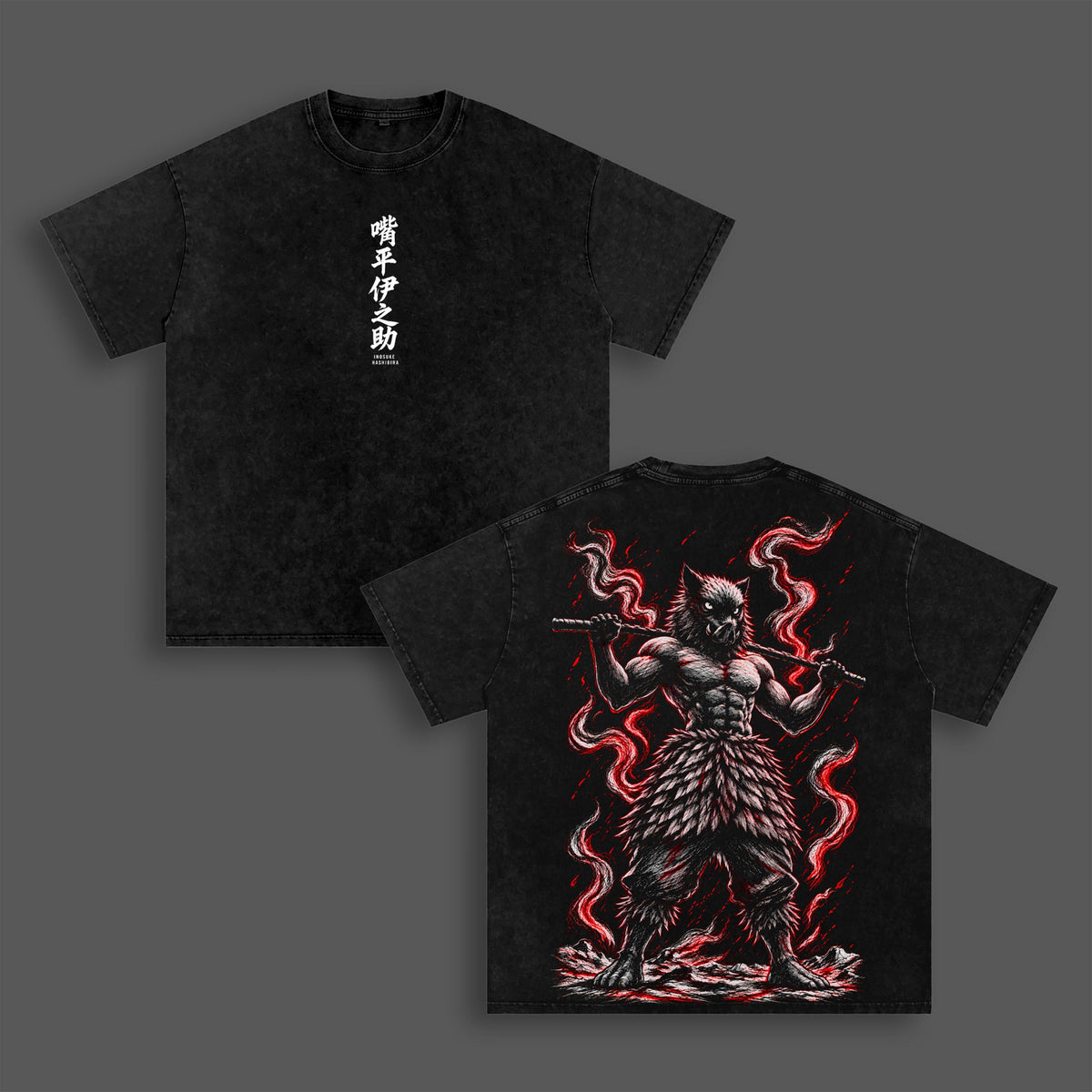 Inosuke Hashibira Demon SLayer Anime Double Printed Vintage Washed Tee Unisex Oversize Anime Manga Washed Heavyweight Cotton T-shirt