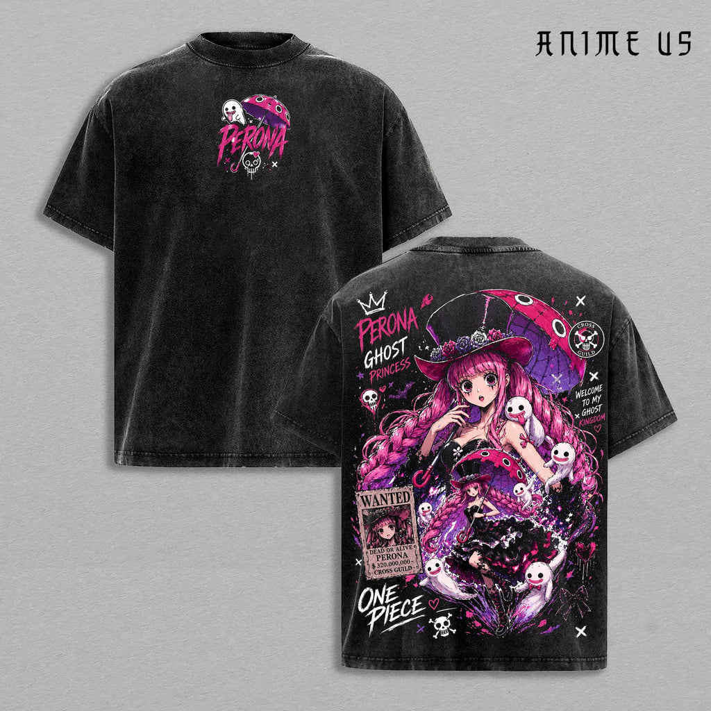 Perona One Piece Ghost Princess Anime Vintage Washed Oversized Graphic Tee Thriller Bark Gothic Manga Streetwear Heavyweight Cotton Shirt