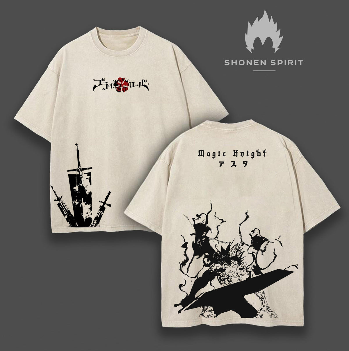 Magic Knight Asta - Black Clover Anime Double Printed Vintage Washed Tee Unisex Oversize Heavyweight Cotton T-shirt for Anime Fans