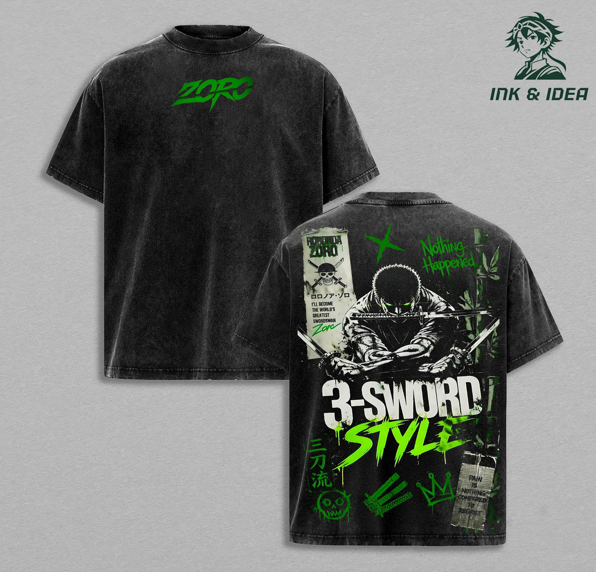 Roronoa Zoro 3 Sword Style One Piece Anime Vintage Washed Tee