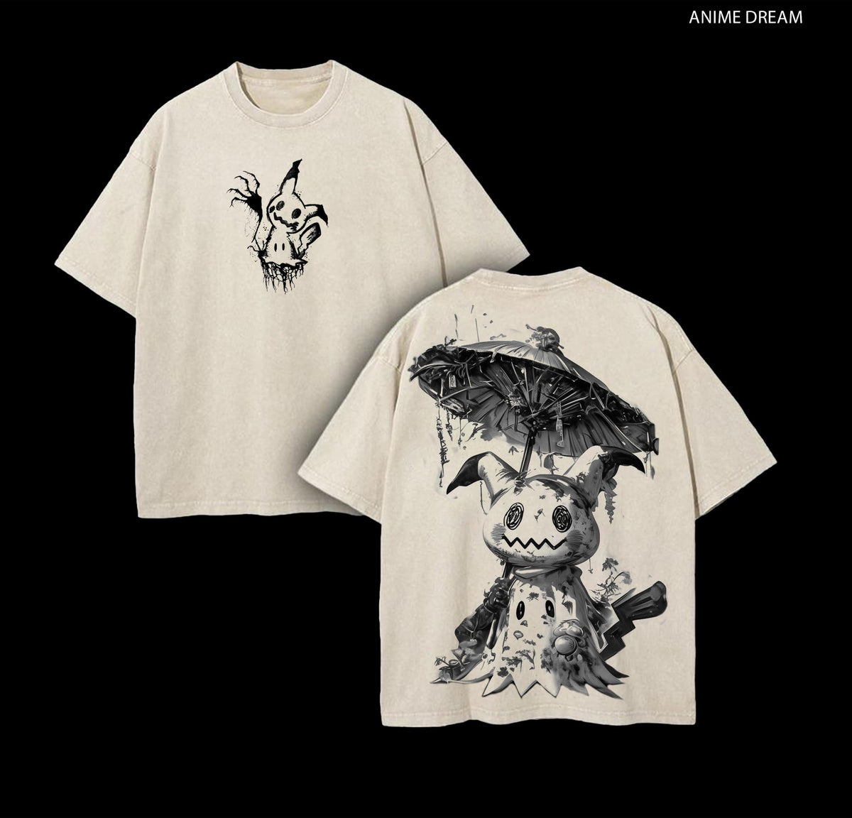 Mimikyu PKM Anime Double Printed Vintage Washed Tee Unisex Oversize Anime Manga Washed Heavyweight Cotton T-shirt, Gift For Anime Fan, Anime Lover