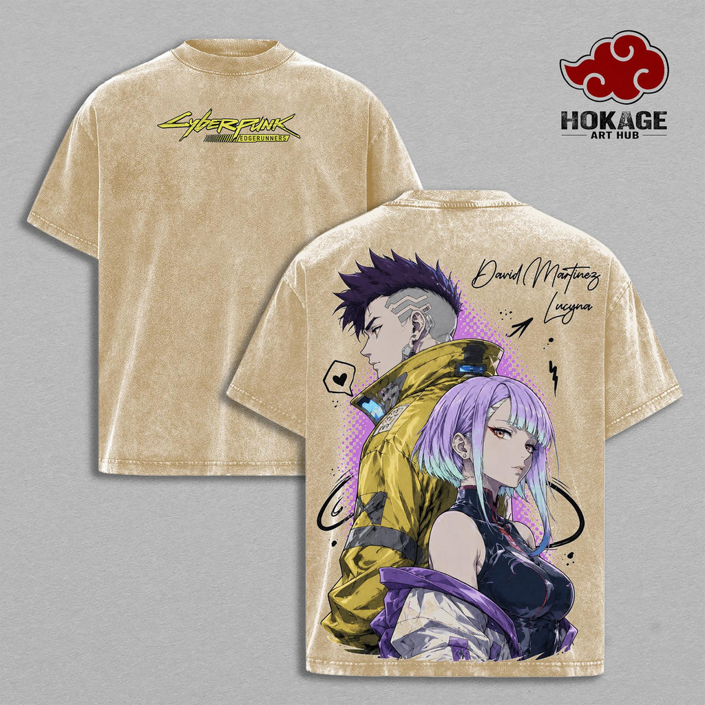 David & Lucy - Cyberpunk Edgerunners Double Printed Graphic Tee, Vintage Washed Streetwear For Men, Heavy Cotton Oversized Shirt, Gift For Anime Fans