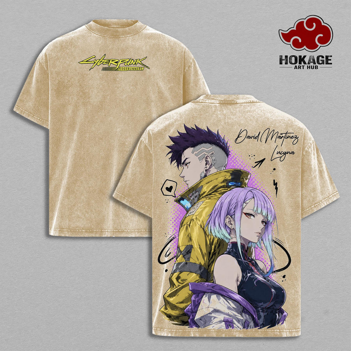 David & Lucy - Cyberpunk Edgerunners Double Printed Graphic Tee, Vintage Washed Streetwear For Men, Heavy Cotton Oversized Shirt, Gift For Anime Fans