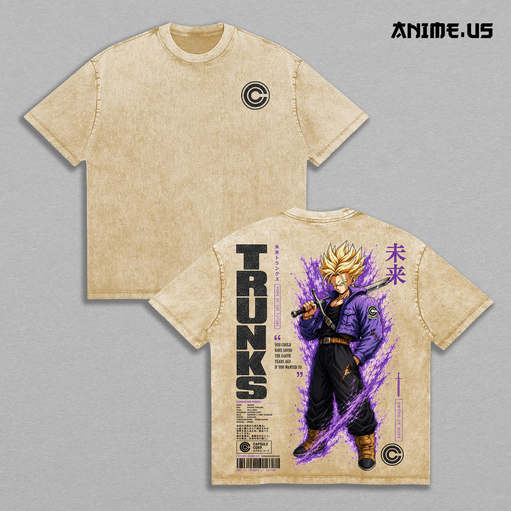 Future Trunks DBZ Vintage Washed Oversized Graphic Tee, Super Saiyan Capsule Corp Anime Heavyweight Cotton Streetwear T-Shirt