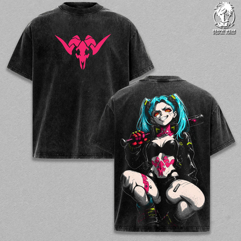 Rebecca - Cyberpunk Graphic Tee Vintage Washed Shirt Unisex Streetwear Anime Merch Edgerunners Tee Anime T-Shirt Gift for Anime Lovers Cyberpunk Fans
