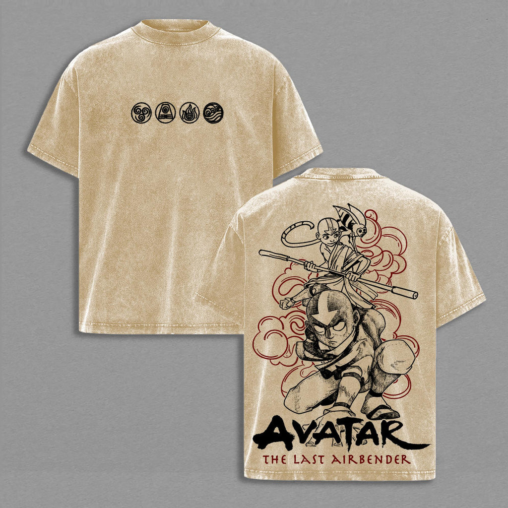 Aang Avatar The Last Airbender Graphic Tee Vintage Acid Wash Shirt Appa Airbending Anime Streetwear Gift for Fans