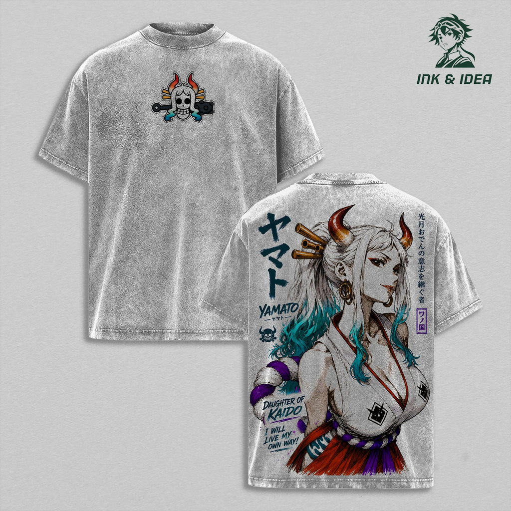 Yamato Daughter of Kaido Vintage Washed T-Shirt, One Piece Anime Graphic Tee, Heavyweight Cotton Oversized Streetwear, Retro Manga Apparel