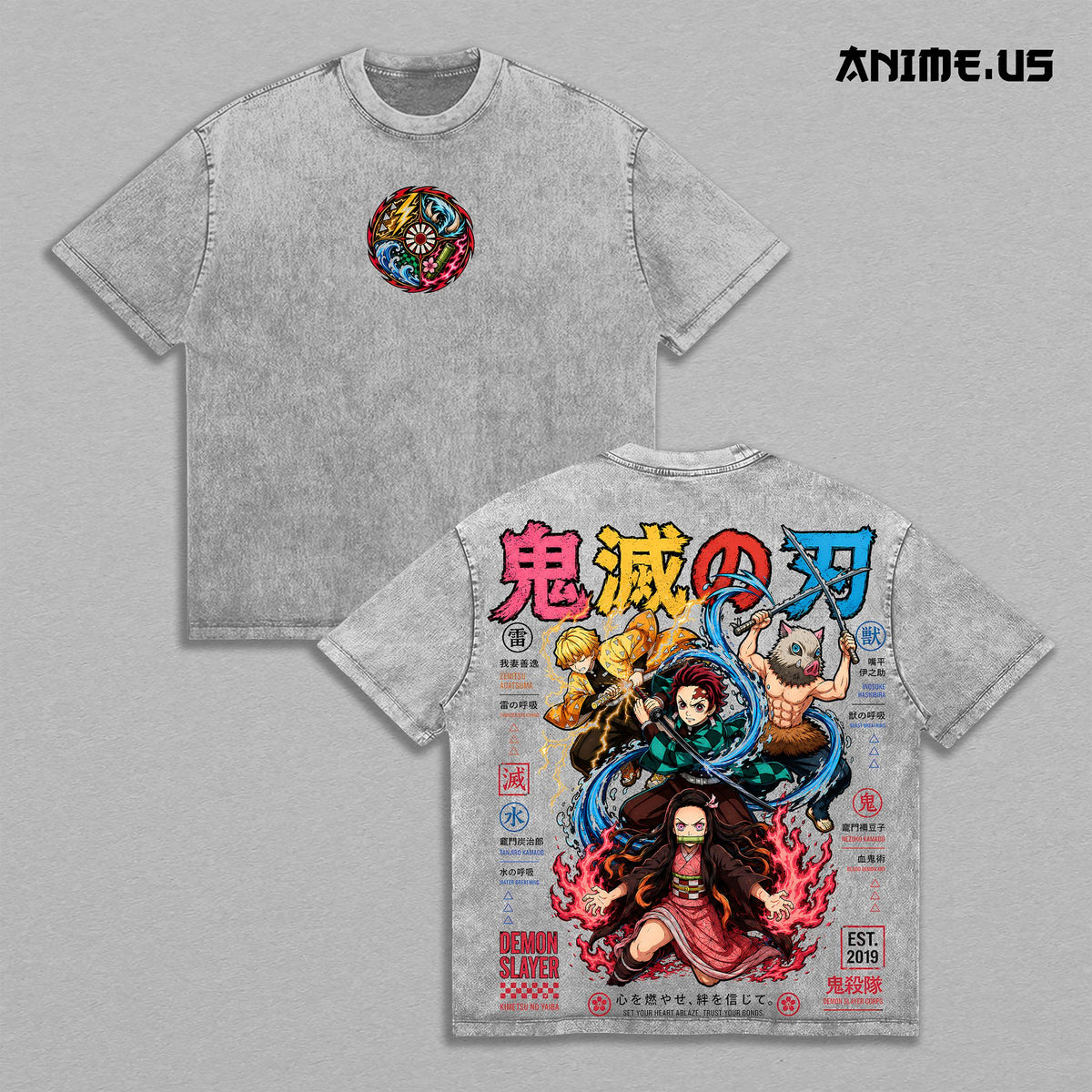 Tanjiro Nezuko Zenitsu Inosuke Demon Slayer Anime Vintage Washed Tee