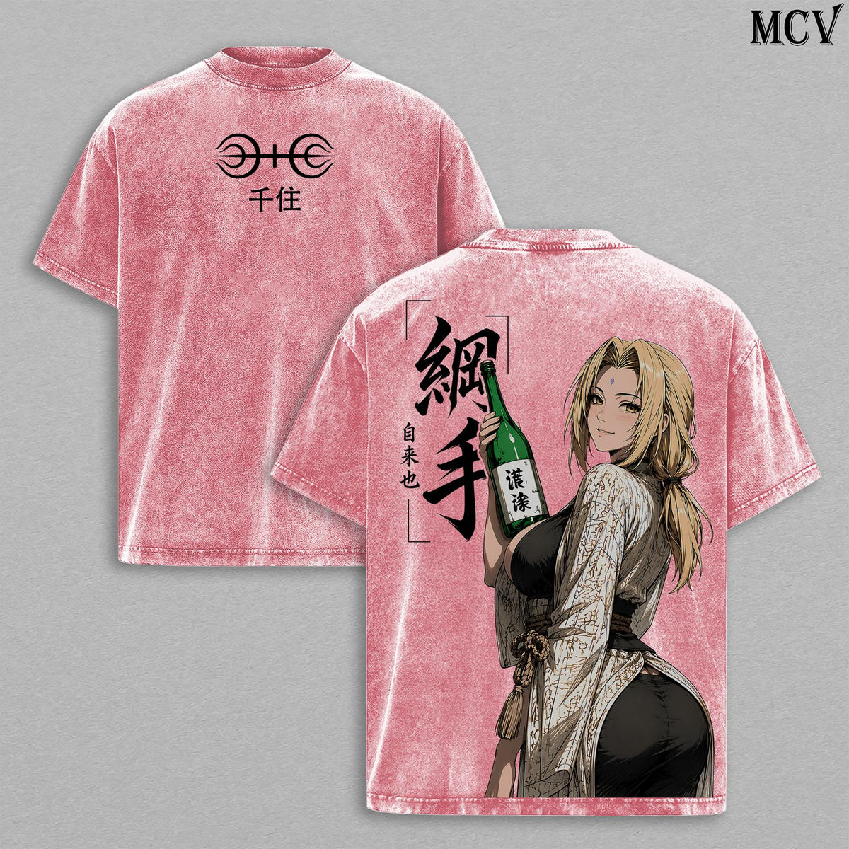 Tsunade Naruto Fifth Hokage Vintage Washed T-Shirt | Legendary Sannin Anime Graphic Tee | Slug Princess Streetwear Oversized Shirt