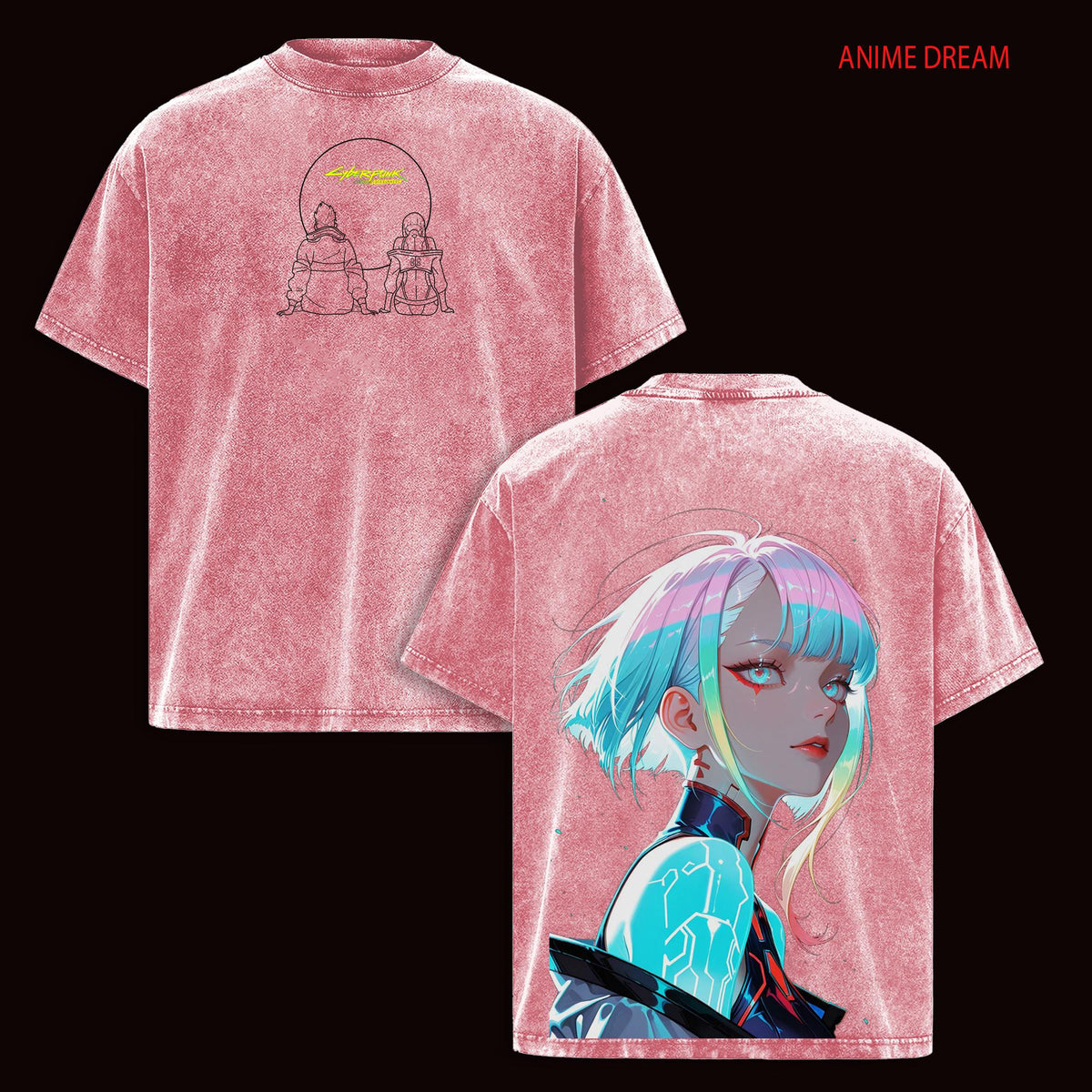 Cyberpunk Edgerunners David & Lucy Anime Double Printed Vintage Washed Tee Unisex Oversize Anime Manga Washed Heavyweight Cotton T-shirt