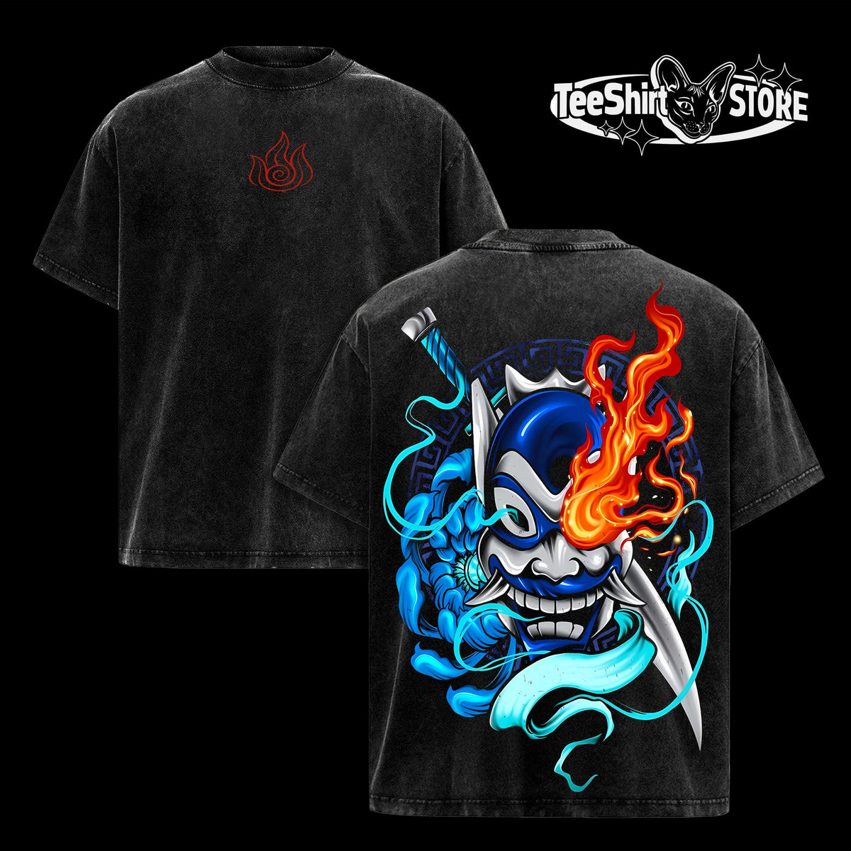 Zuko Blue Spirit Mask Tee – Avatar The Last Airbender Vintage Washed Oversized Anime T-Shirt, Heavyweight Cotton Unisex Graphic Streetwear Top