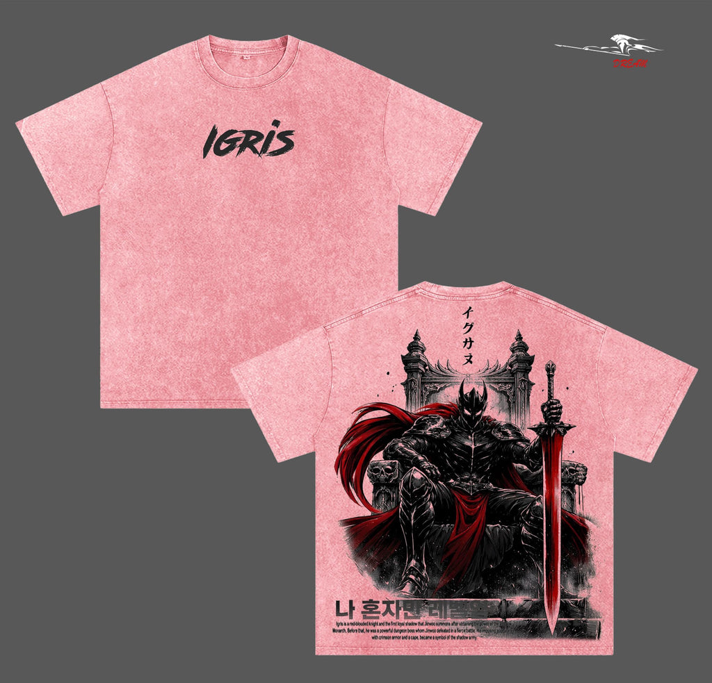 Igris Solo Leveling Anime Double Printed Vintage Washed Tee Unisex Oversize Anime Manga Washed Heavyweight Cotton T-shirt