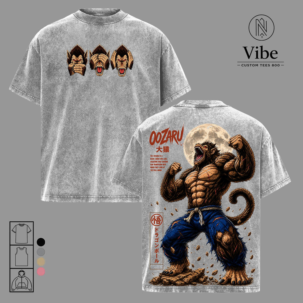Oozaru Great Ape Vintage Washed Anime T-Shirt, Saiyan Graphic Tee, DBZ Manga Oversized Heavyweight Cotton Streetwear Shirt