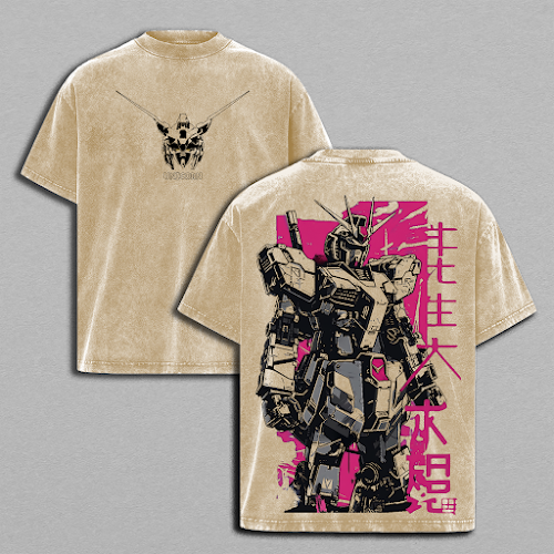 Gundam RX-78 Vintage Washed Oversized T-Shirt, Mobile Suit Mecha Graphic Tee, Heavyweight Cotton Anime Streetwear