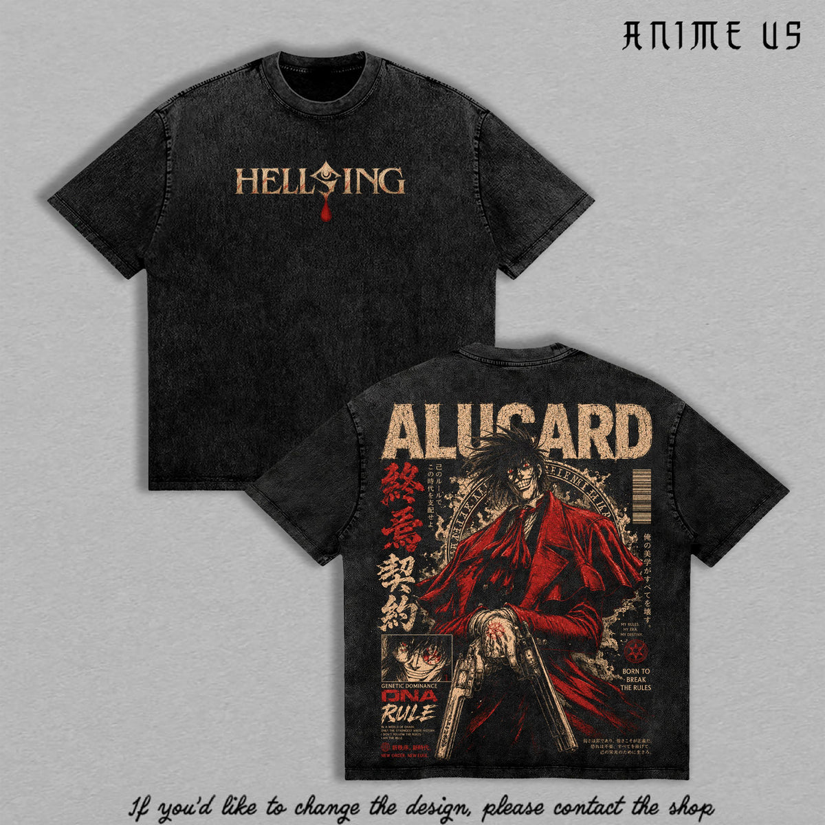 Alucard Hellsing Crimson Vampire Vintage Washed Anime Shirt, Gothic Predator Immortal Power Aura Graphic Tees Men Large Back Print Streetwear