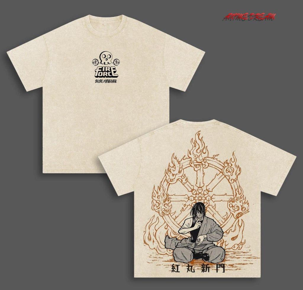 Shinmon Benimaru Fier force Anime Double Printed Vintage Washed Tee Unisex Oversize Anime Manga Washed Heavyweight Cotton T-shirt