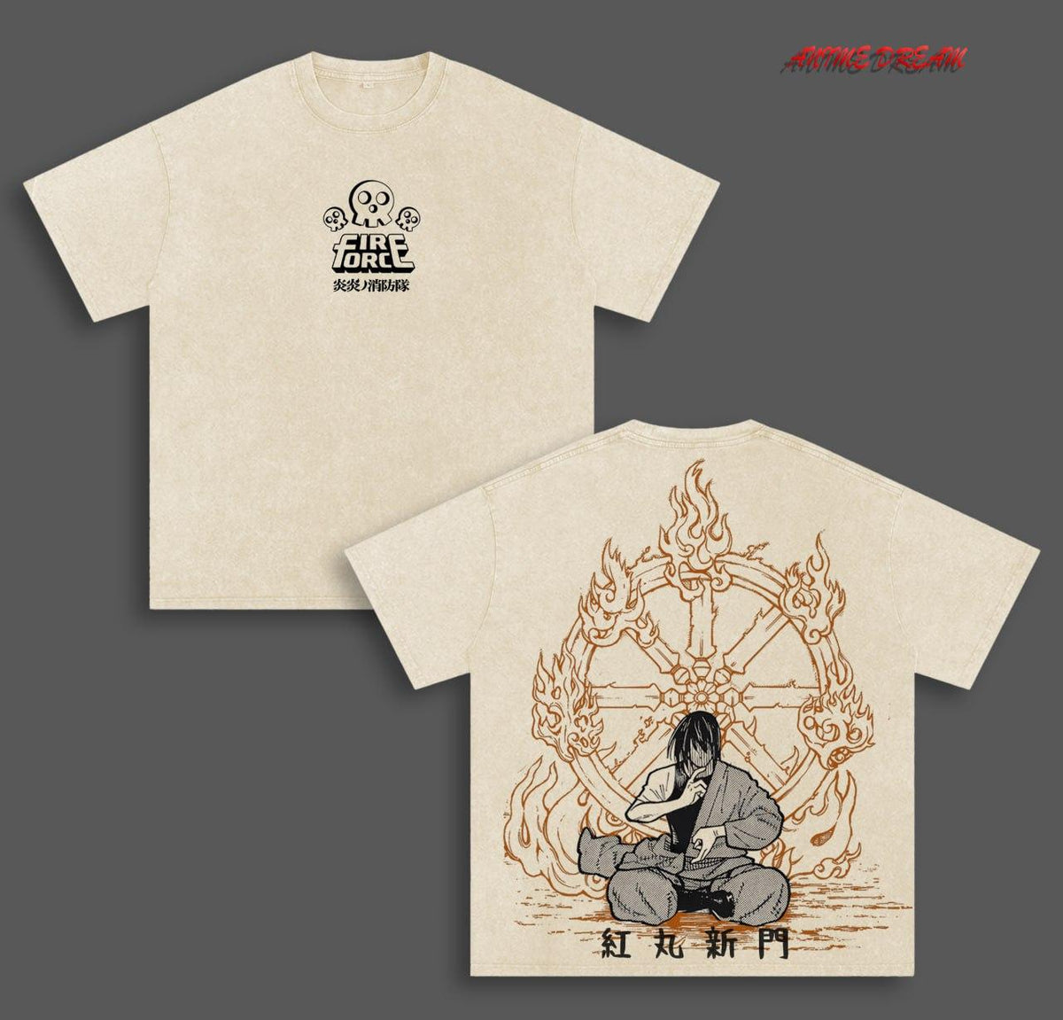 Shinmon Benimaru Fier force Anime Double Printed Vintage Washed Tee Unisex Oversize Anime Manga Washed Heavyweight Cotton T-shirt