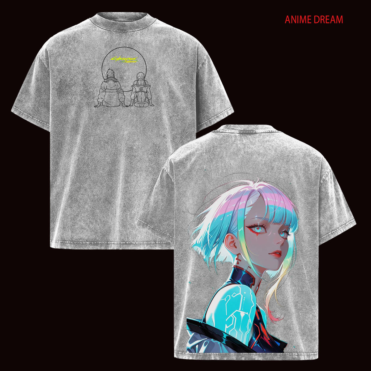 Cyberpunk Edgerunners David & Lucy Anime Double Printed Vintage Washed Tee Unisex Oversize Anime Manga Washed Heavyweight Cotton T-shirt