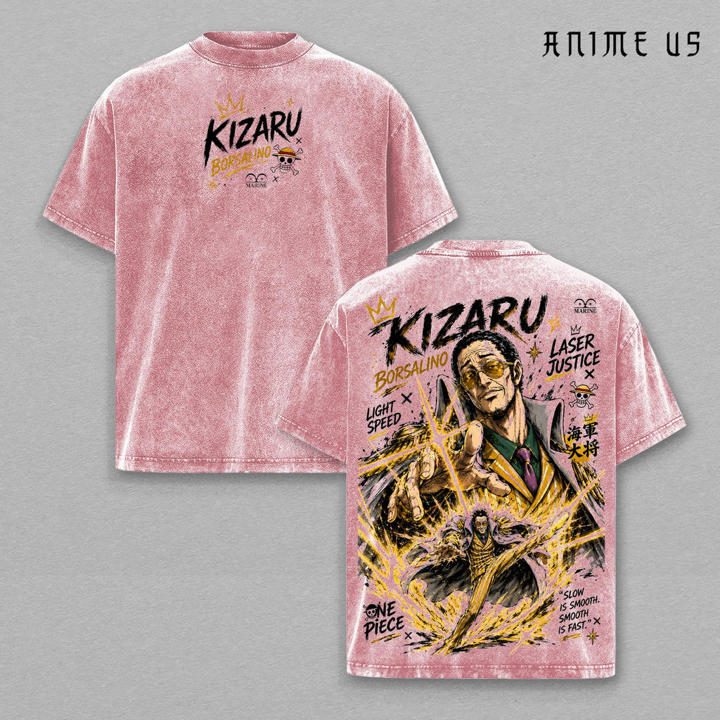 Kizaru Borsalino Vintage Washed T-Shirt One Piece Anime Graphic Tee Marine Admiral Oversized Streetwear Shirt Manga Fan Gift