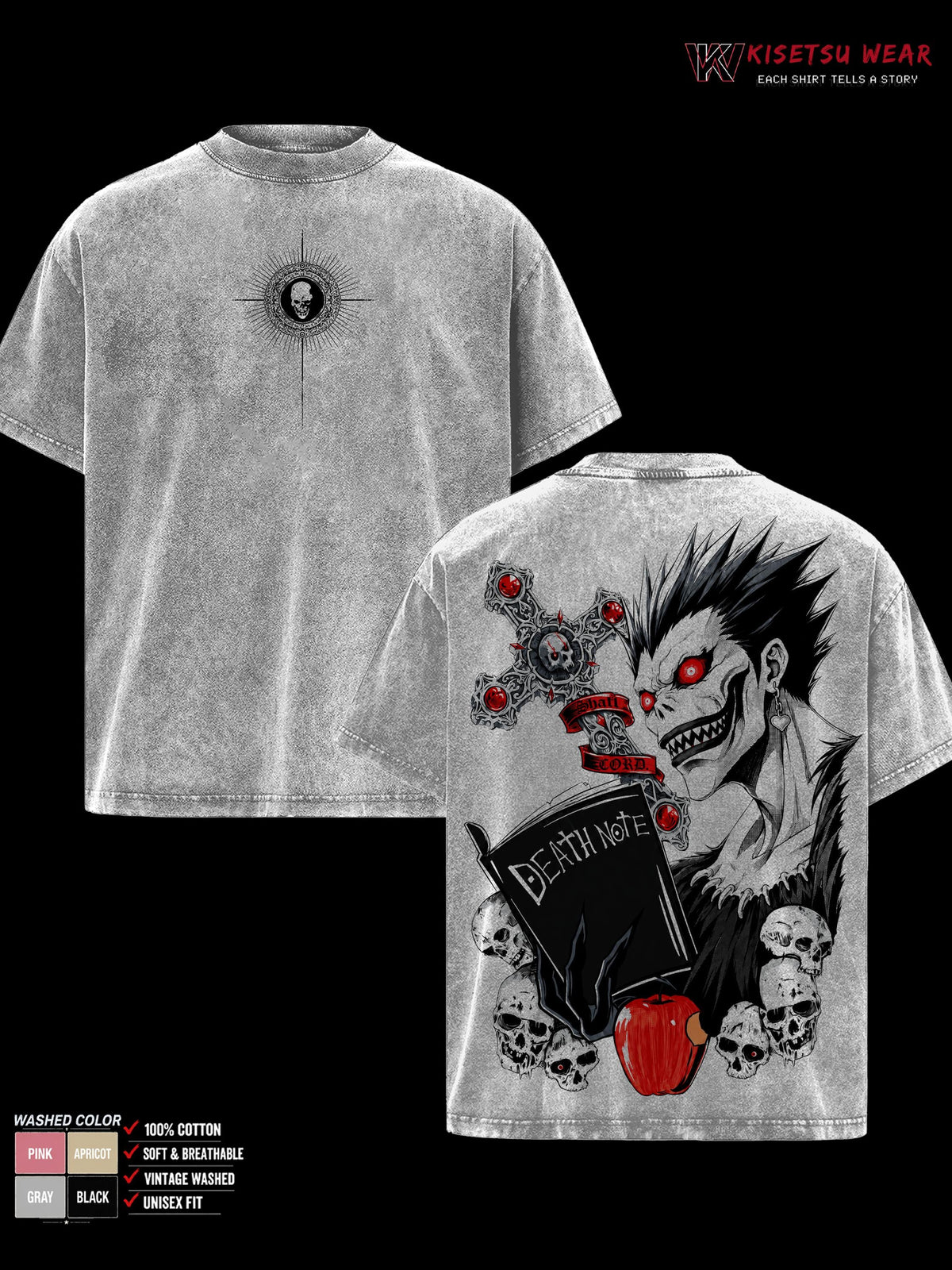 Death Note Ryuk Vintage Washed Shirt, Double Sided Shinigami Anime Graphic Tee, Soft Cotton Oversized Casual Menswear Top