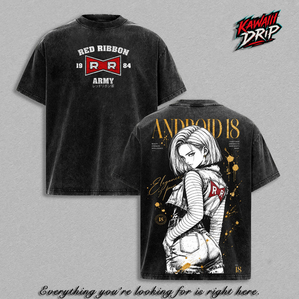 Android 18 Red Ribbon Army DBZ Anime Vintage Washed Tee