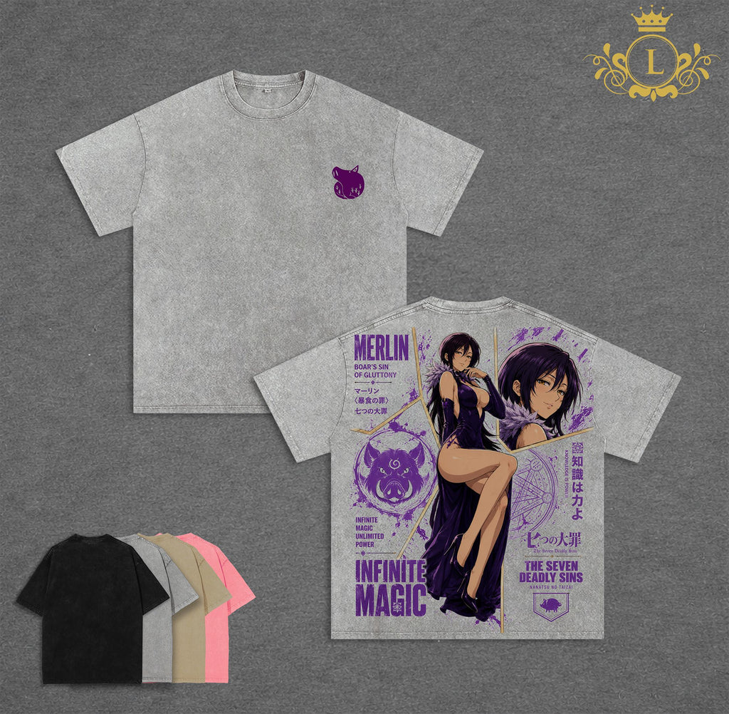 Retro Vintage Merlin - Seven Deadly Sins Anime Double Printed Vintage Washed Tee Unisex Oversize Anime Manga Washed Heavyweight Cotton T-shirt