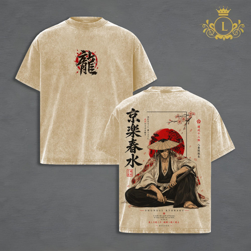 Shunsui Kyoraku Bleach Vintage Washed T-Shirt, Sakura Moon Anime Graphic, Captain 8th Division Double-Sided Heavyweight Oversized Streetwear