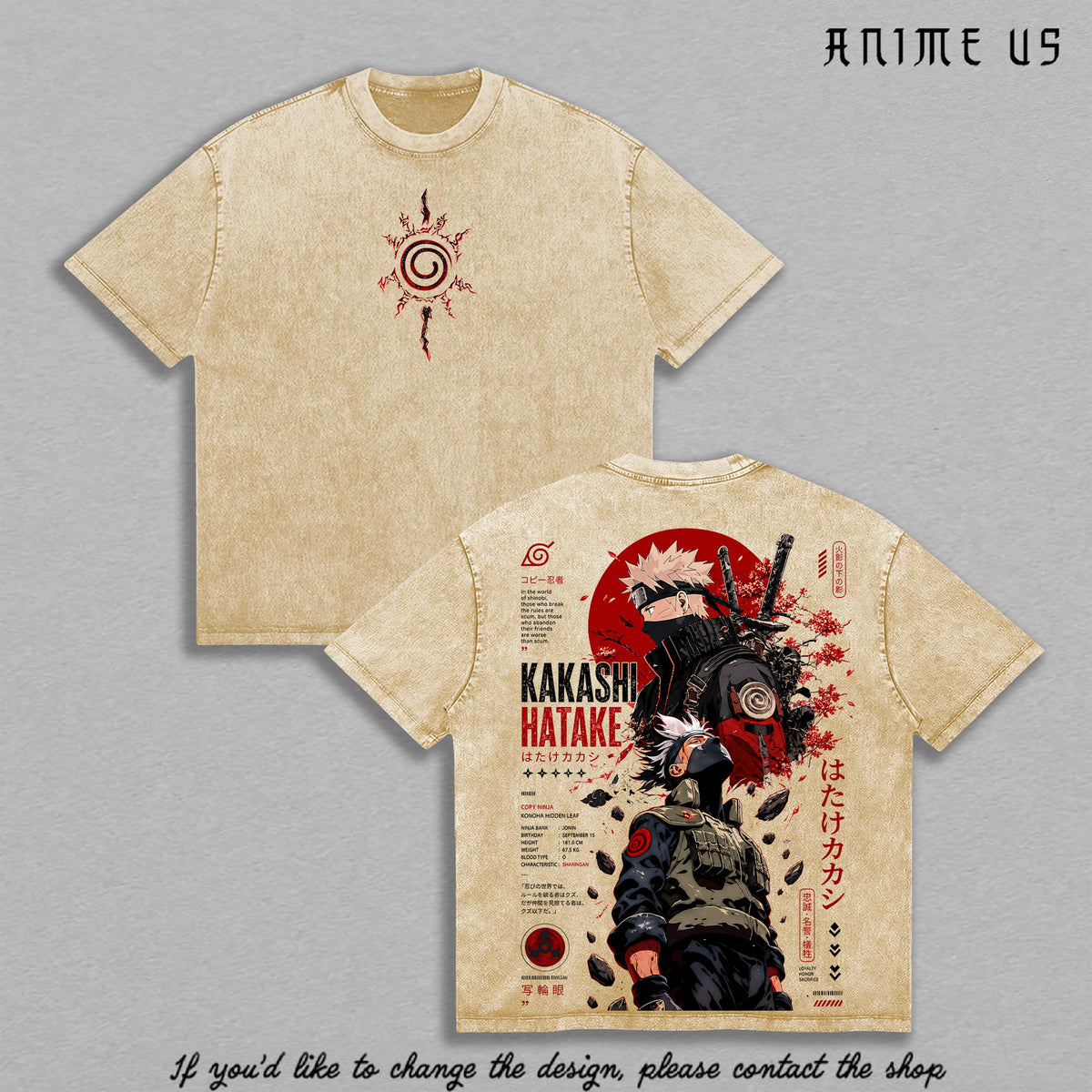 Kakashi Hatake Naruto Anime Vintage Washed T-Shirt Sharingan Ninja Graphic Tee Oversized Heavy Cotton Streetwear Manga Shirt Gift for Anime Fans
