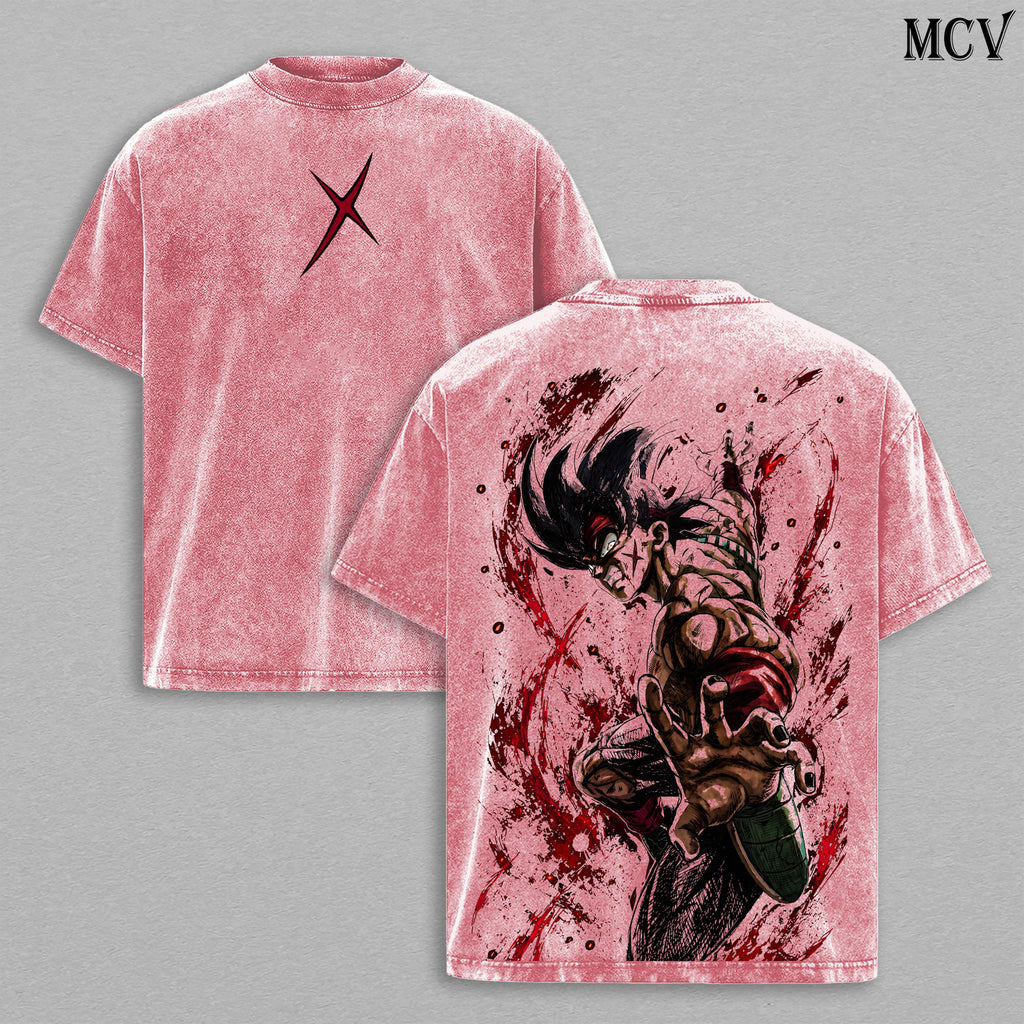 Bardock Washed Tee – DBZ Anime Manga Saiyan Father Graphic Double Printed T-Shirt, Menswear Heavy Cotton Unisex Oversize Streetwear Vintage Edition