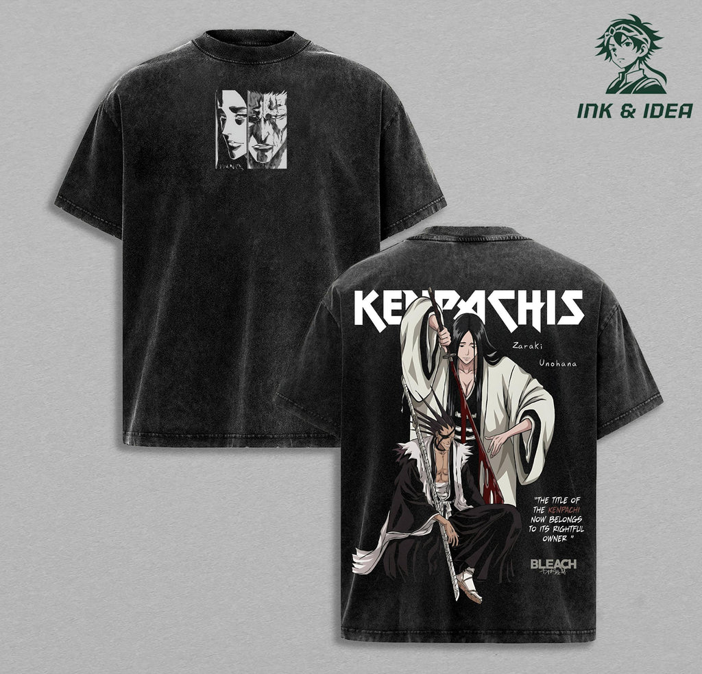 Kenpachi Zaraki x Retsu Unohana Bleach Vintage Washed Oversized Anime T-Shirt, Soul Reaper Graphic Tee, Heavyweight Cotton Streetwear Shirt