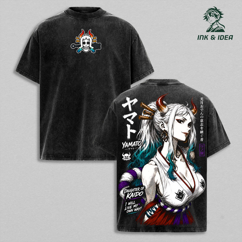 Yamato Daughter of Kaido Vintage Washed T-Shirt, One Piece Anime Graphic Tee, Heavyweight Cotton Oversized Streetwear, Retro Manga Apparel