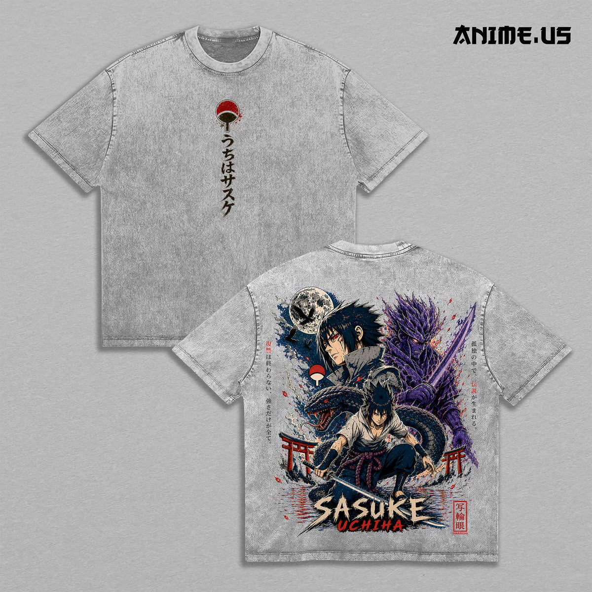 Sasuke Uchiha Susanoo Moon Chidori Naruto Vintage Washed T-Shirt Heavyweight Cotton Anime Streetwear Oversized Tee