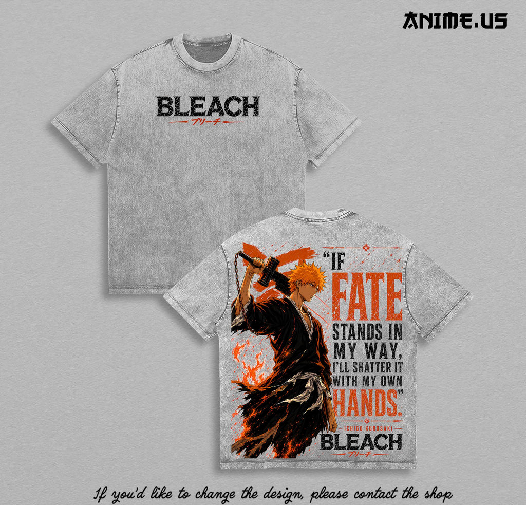 Ichigo Kurosaki Bleach Thousand-Year Blood War Anime Washed Graphic Tee Soul Reaper Hollow Power Heavyweight Cotton Streetwear Shirt